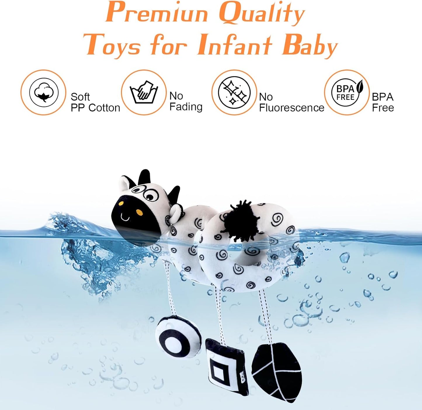 High Contrast Baby Toys for Newborn, Black and White Hanging Toy Car Seat Crib Move, Animal Circle Plush Stroller Toy, Squeak Travel Activity Wind Chimes 0-6 Months (Cow)