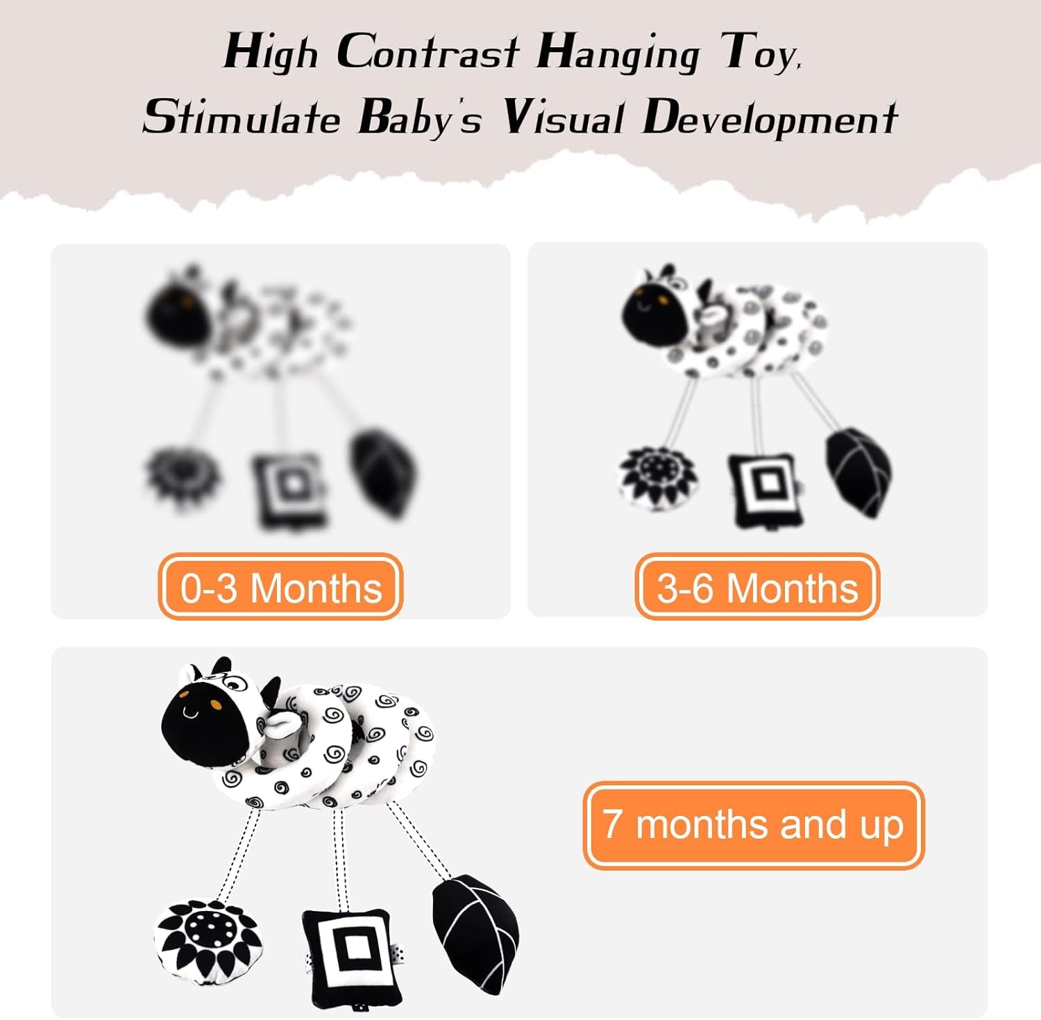 High Contrast Baby Toys for Newborn, Black and White Hanging Toy Car Seat Crib Move, Animal Circle Plush Stroller Toy, Squeak Travel Activity Wind Chimes 0-6 Months (Cow)