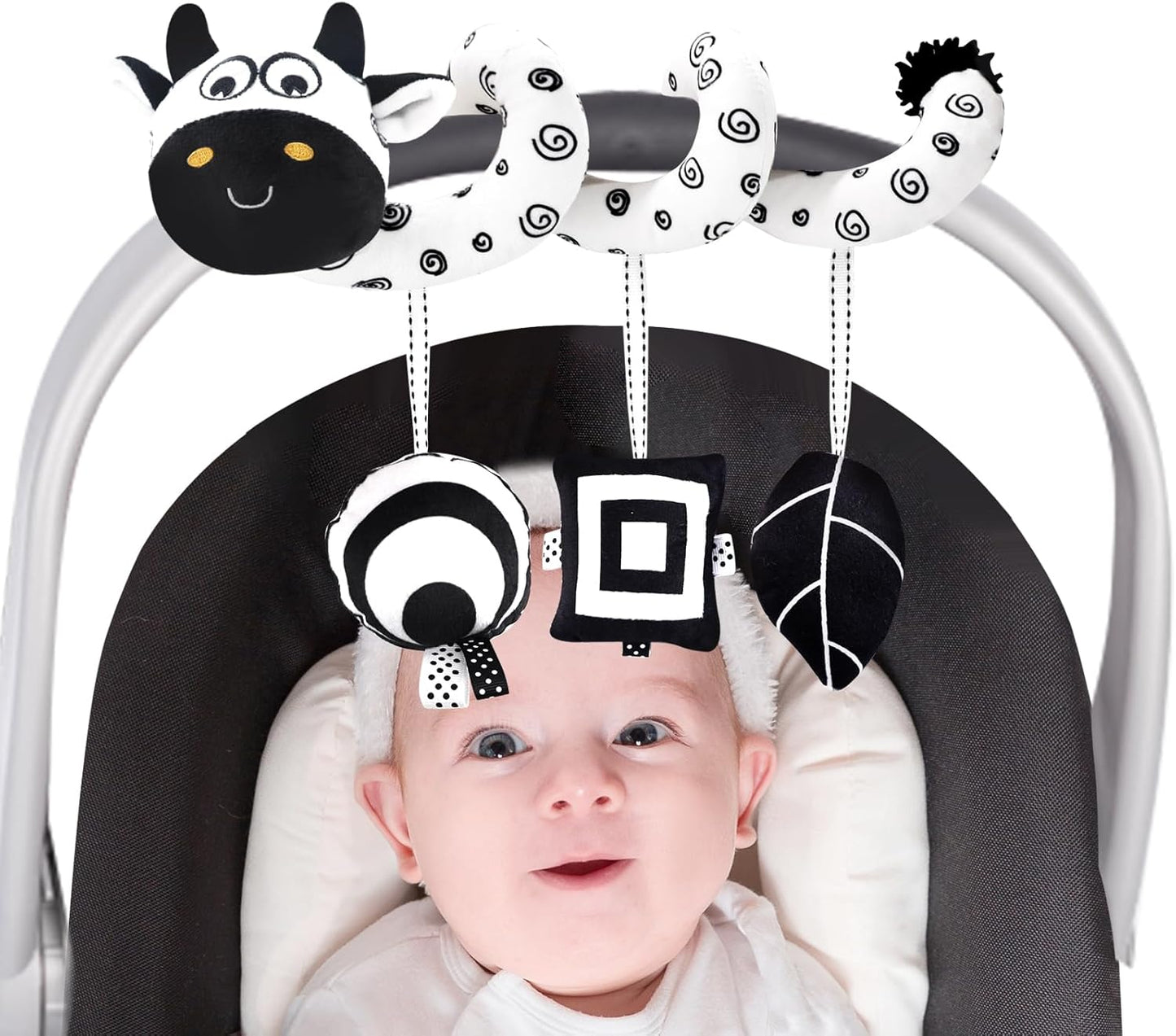 High Contrast Baby Toys for Newborn, Black and White Hanging Toy Car Seat Crib Move, Animal Circle Plush Stroller Toy, Squeak Travel Activity Wind Chimes 0-6 Months (Cow)