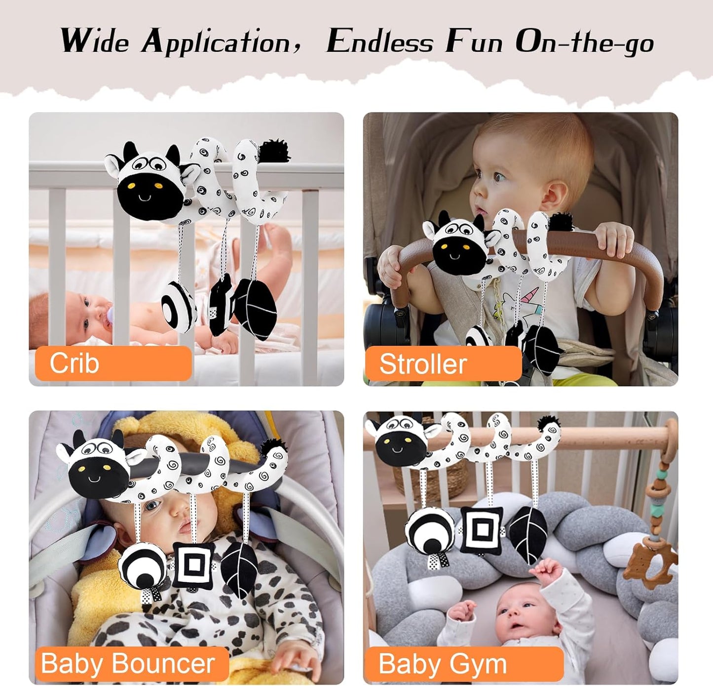 High Contrast Baby Toys for Newborn, Black and White Hanging Toy Car Seat Crib Move, Animal Circle Plush Stroller Toy, Squeak Travel Activity Wind Chimes 0-6 Months (Cow)